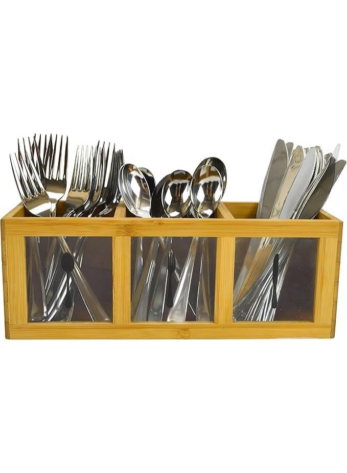 Orchid Wooden Cutlery Holder Organizer, Spoon Fork & Knife Storage Box with Transparent Panels, Bamboo Kitchen Utensil Stand for Dining Table & Countertop, Kitchen Cutlery Stand - Image 2